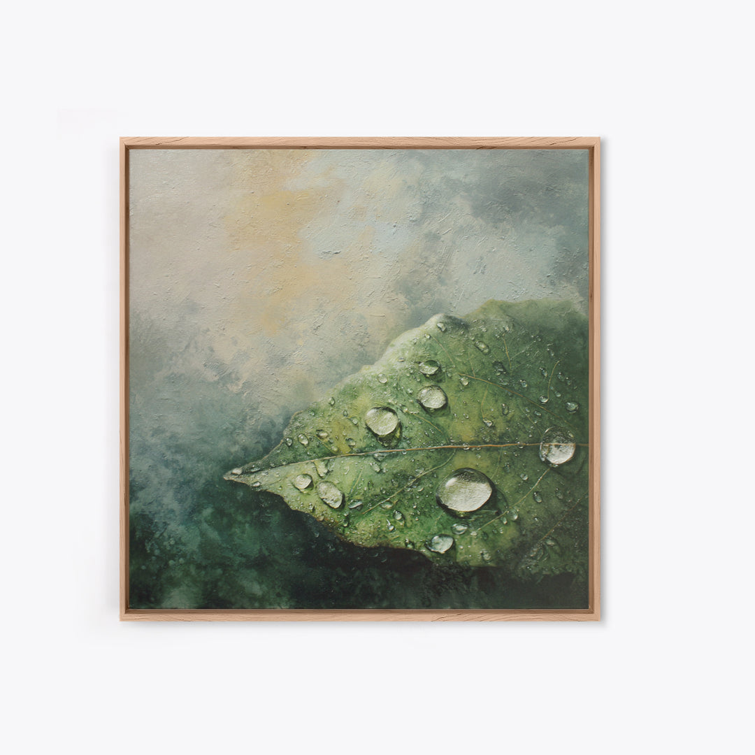 Rain Drops on a Large Green Leaf Canvas Print, Nature Art, Textured Painting, Living Room Decor, Oil Painting, Nature, NAT-1x1-81