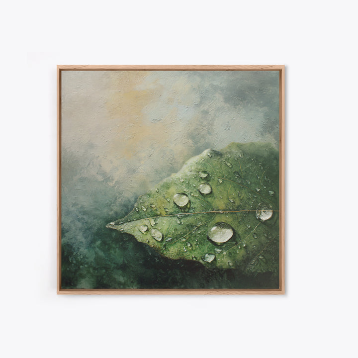 Rain Drops on a Large Green Leaf Canvas Print, Nature Art, Textured Painting, Living Room Decor, Oil Painting, Nature, NAT-1x1-81