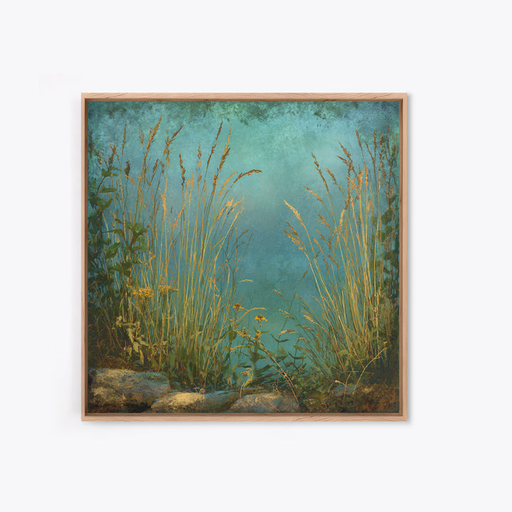 Sunrise Through Tall Grass and Wildflowers Framed Canvas Print, Nature Art, Statement Artwork, Living Room Decor, Oil Painting, NAT-1x1-83