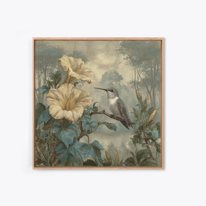 Hummingbird Beside Bright Trumpet Flowers Framed Canvas Print, Nature Art, Ocean Art, Living Room Decor, Fine Art, Nature, NAT-1x1-84