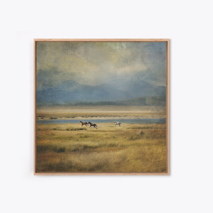 Wild Horses Running Near Mountain Ridge Canvas Print, Nature Art, Landscape Print, Living Room Decor, Fine Art, Nature, NAT-1x1-94