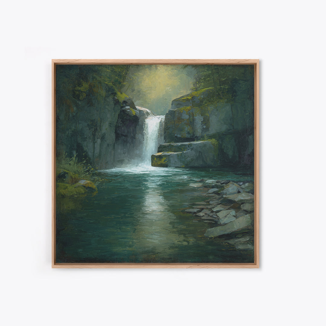 Waterfall Hidden Among Dark Green Rocks Canvas Print, Nature Art, Wall Art, Living Room Decor, Fine Art, Nature, Wood Wall Art, NAT-1x1-99