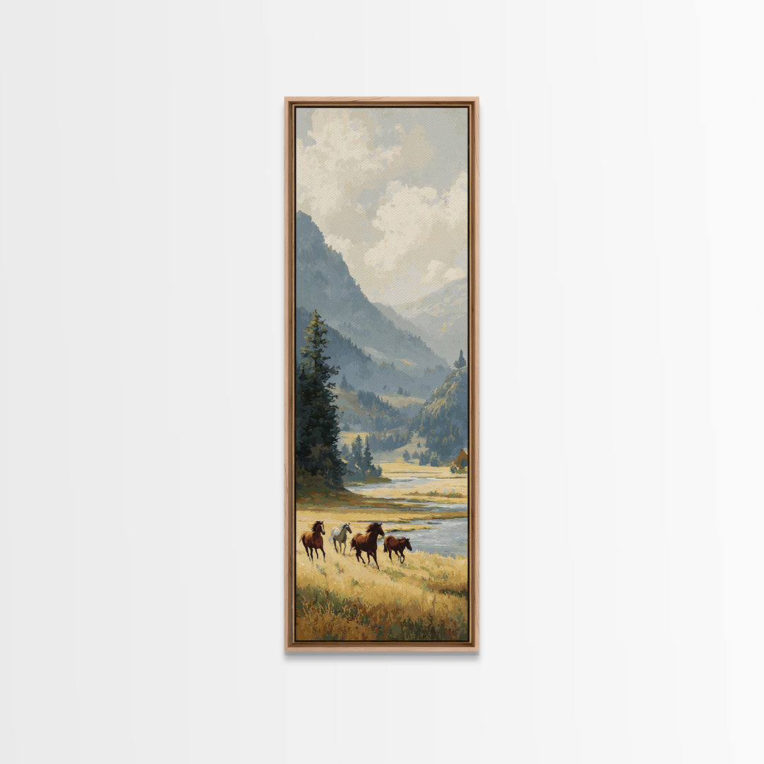 Wild Horses Running Near Mountain Ridge Canvas Print, Nature Art, Living Room Wall Art, Living Room Decor, Fine Art, Nature, NAT-1x3-10
