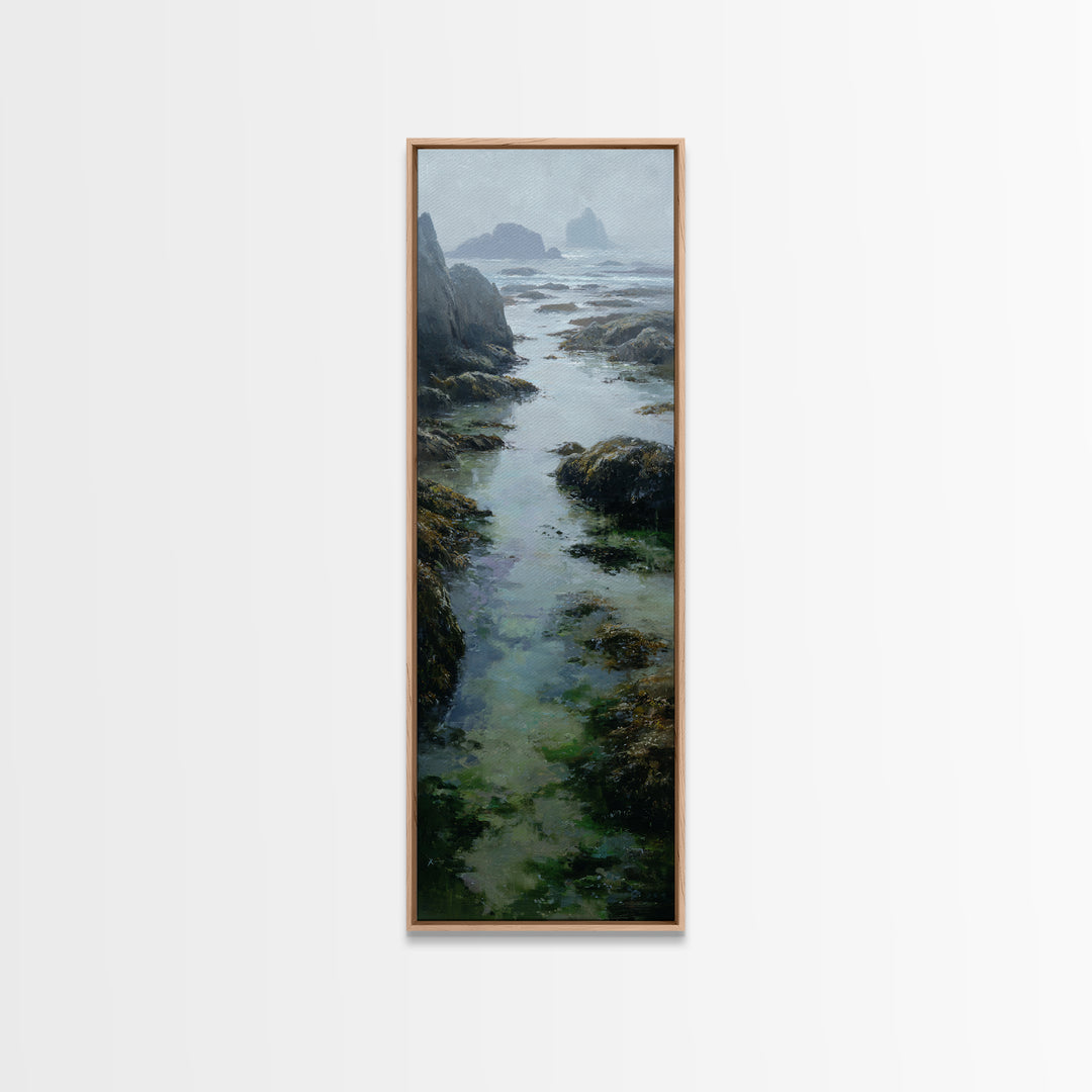 Calm Beach Tide Pooling Around Rocks Canvas Print, Nature Art, Boho Decor, Living Room Decor, Oil Painting, Nature, Wall Decor, NAT-1x3-12