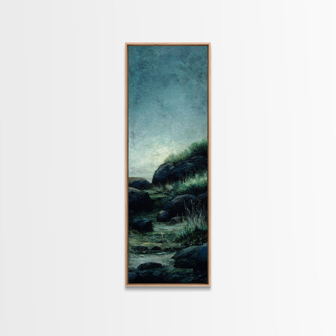 Waterfall Hidden Among Dark Green Rocks Framed Canvas Print, Nature Art, Home Decor, Living Room Decor, Abstract Art, Nature, NAT-1x3-15