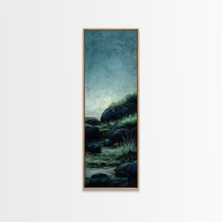 Waterfall Hidden Among Dark Green Rocks Framed Canvas Print, Nature Art, Home Decor, Living Room Decor, Abstract Art, Nature, NAT-1x3-15