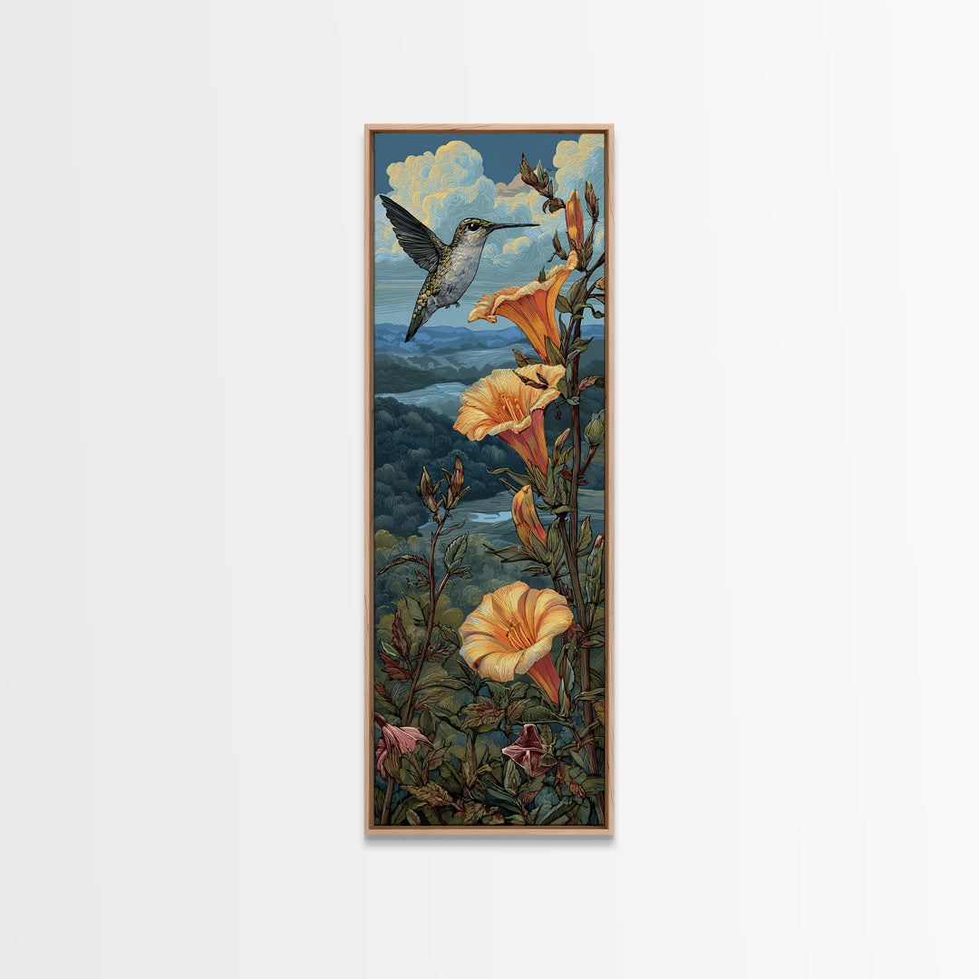 Hummingbird Beside Bright Trumpet Flowers Framed Canvas Print, Nature Art, Art Print, Living Room Decor, Oil Painting, Nature, NAT-1x3-24