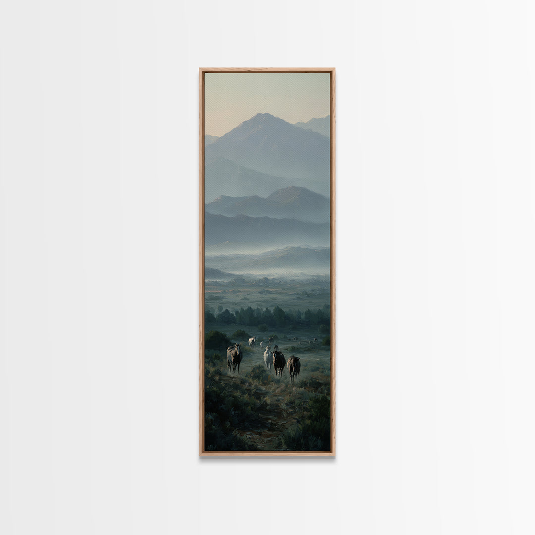 Wild Horses Running Near Mountain Ridge Framed Canvas Print, Nature Art, Digital Download Art, Living Room Decor, NAT-1x3-34
