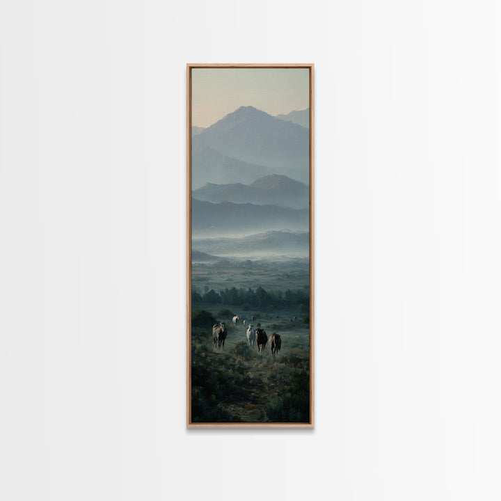 Wild Horses Running Near Mountain Ridge Framed Canvas Print, Nature Art, Digital Download Art, Living Room Decor, NAT-1x3-34