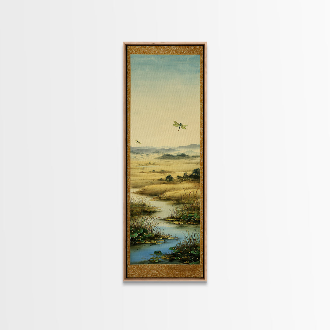 Dragonfly over a Pond with Reeds Framed Canvas Print, Nature Art, Botanical Art, Living Room Decor, Oil Painting, Nature, NAT-1x3-54