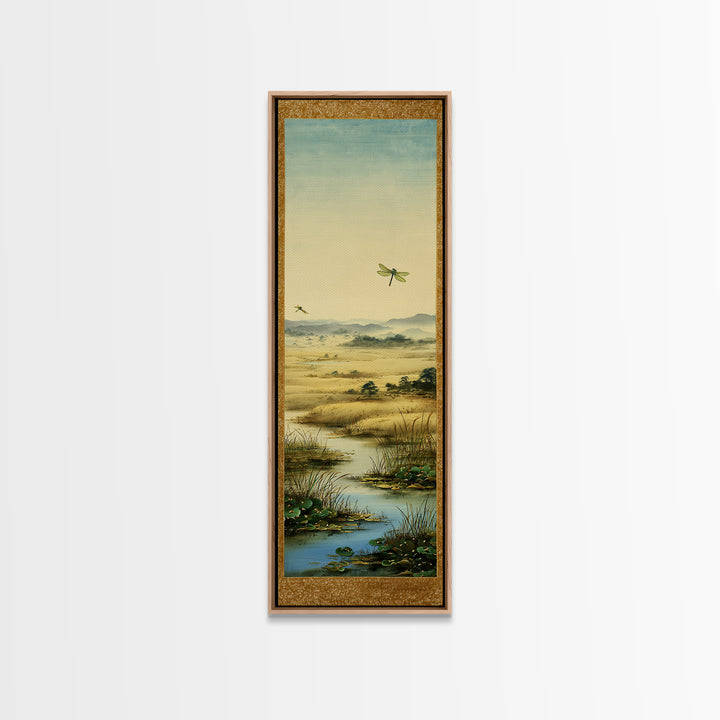 Dragonfly over a Pond with Reeds Framed Canvas Print, Nature Art, Botanical Art, Living Room Decor, Oil Painting, Nature, NAT-1x3-54