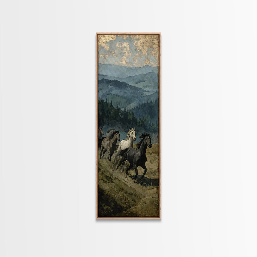 Wild Horses Running Near Mountain Ridge Framed Canvas Print, Nature Art, Digital Download Art, Living Room Decor, NAT-1x3-58