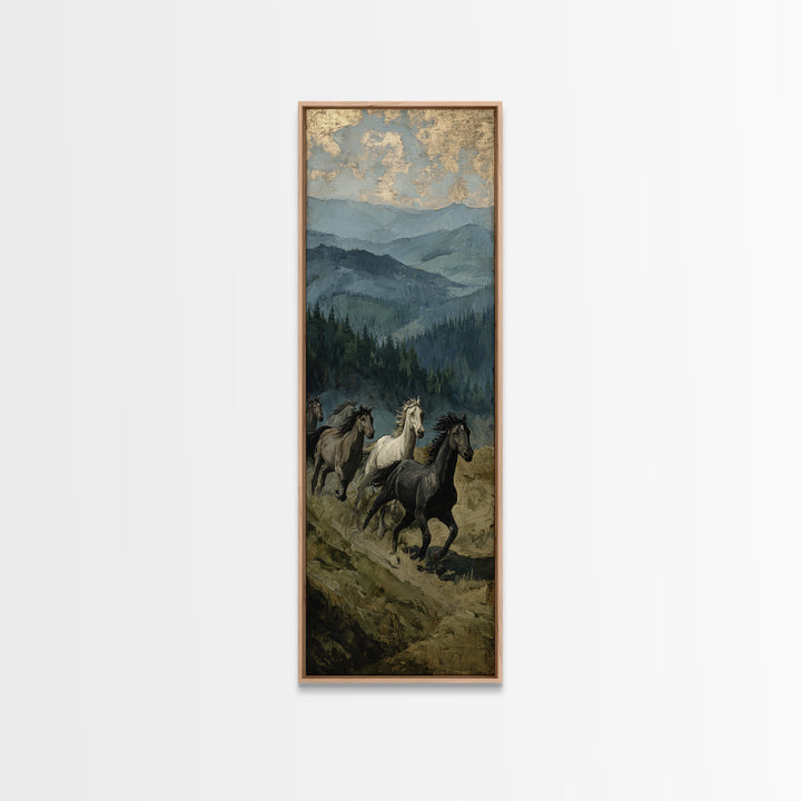 Wild Horses Running Near Mountain Ridge Framed Canvas Print, Nature Art, Digital Download Art, Living Room Decor, NAT-1x3-58