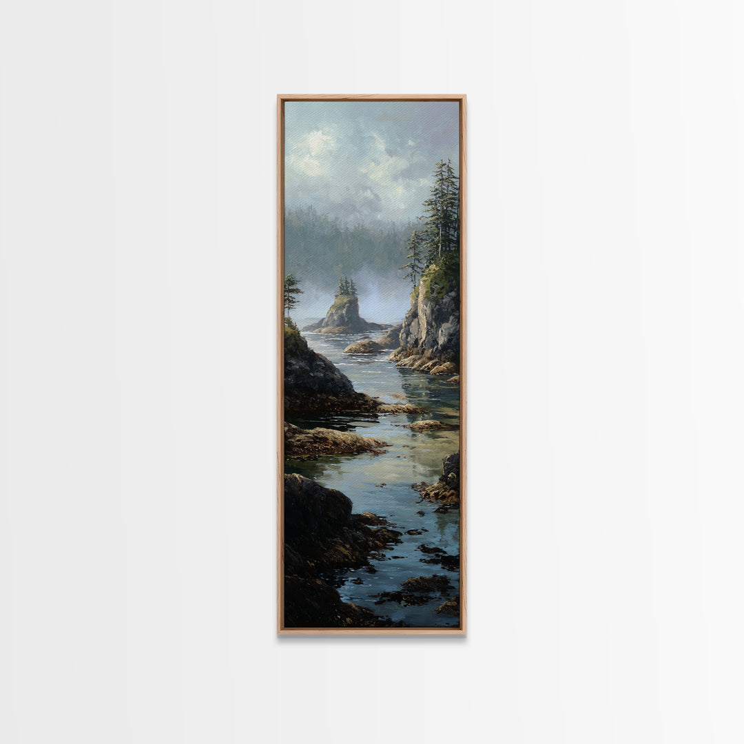 Calm Beach Tide Pooling Around Rocks Framed Canvas Print, Nature Art, Original Painting, Living Room Decor, Fine Art, Nature, NAT-1x3-84