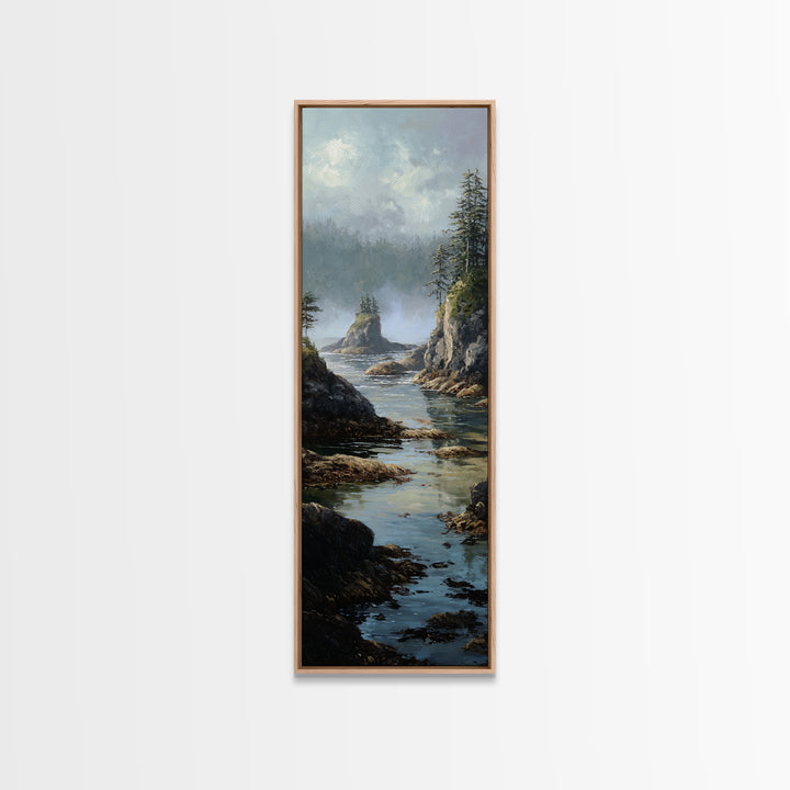 Calm Beach Tide Pooling Around Rocks Framed Canvas Print, Nature Art, Original Painting, Living Room Decor, Fine Art, Nature, NAT-1x3-84