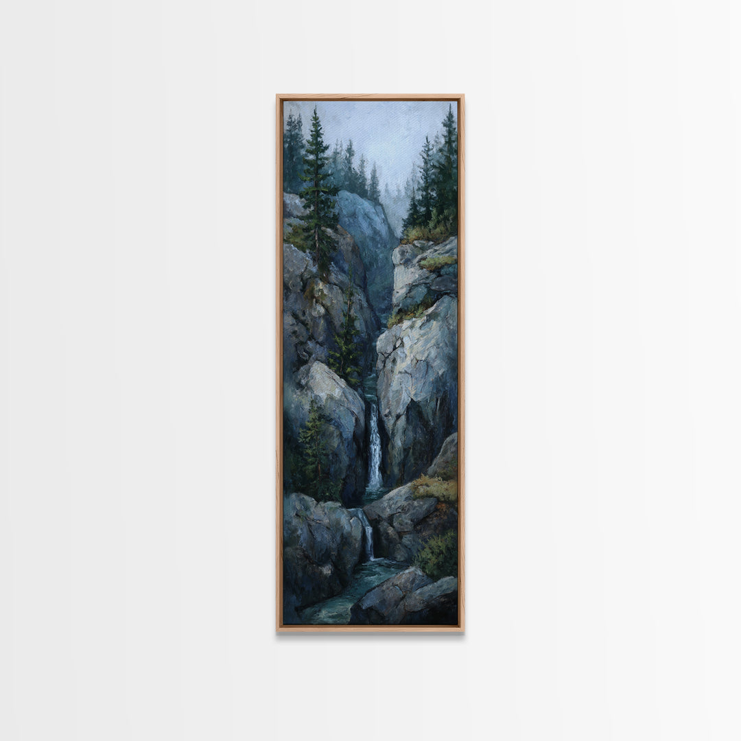 Waterfall Hidden Among Dark Green Rocks Framed Canvas Print, Nature Art, Botanical Art, Living Room Decor, Fine Art, Nature, NAT-1x3-87