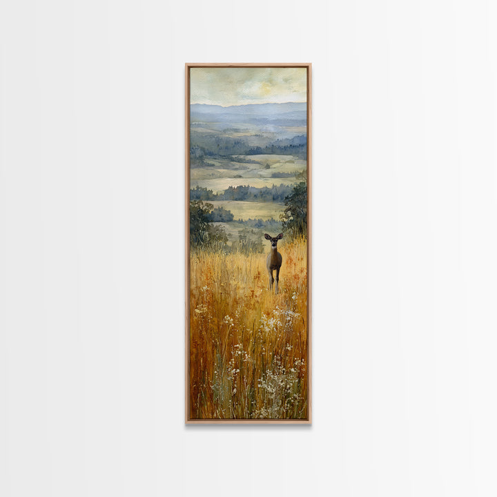 Deer Standing in a Golden Field Framed Canvas Print, Nature Art, Watercolor Painting, Living Room Decor, Fine Art, Nature, NAT-1x3-92