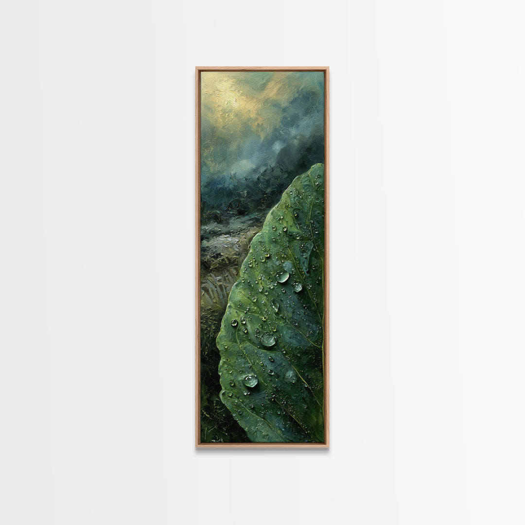 Rain Drops on a Large Green Leaf Canvas Print, Nature Art, Minimalist Decor, Living Room Decor, Fine Art, Nature, Artwork, NAT-1x3-93