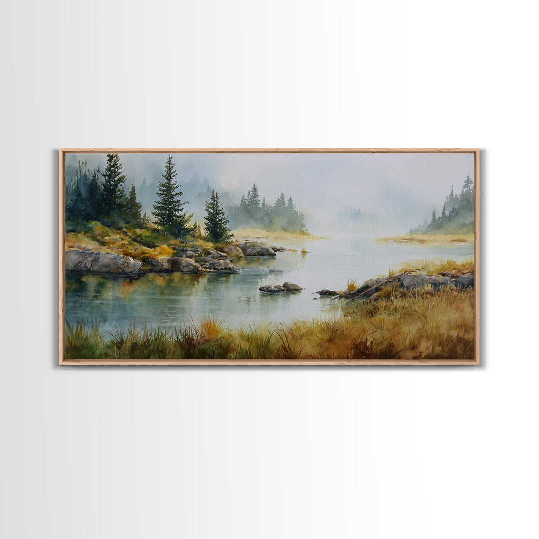 Misty Mountain Lake Framed Canvas Print, Nature Art, Home Decor, Living Room Decor, Oil Painting, Nature, Abstract Wall Art, NAT-2x1-1