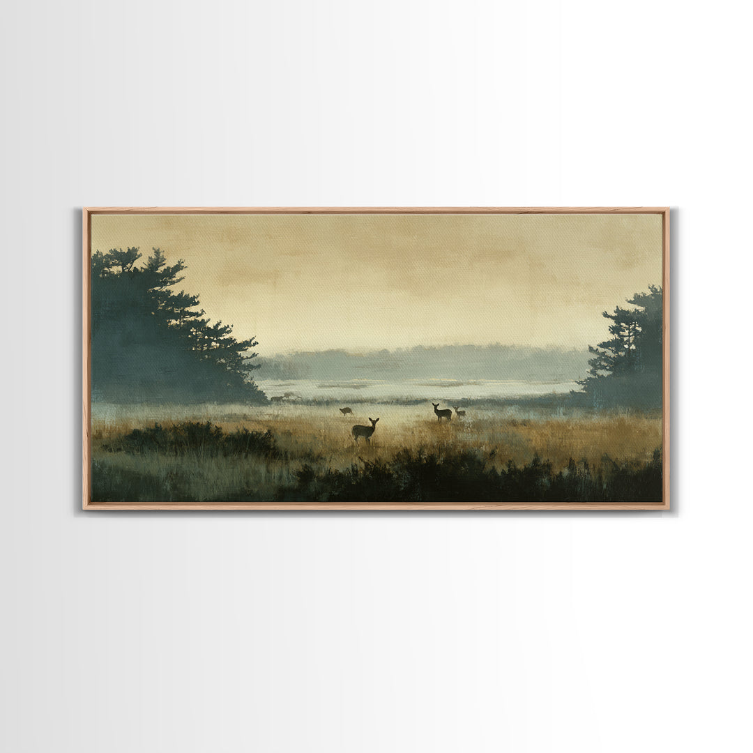 Deer Standing in a Golden Field Framed Canvas Print, Nature Art, Mountain Wall Art, Living Room Decor, Fine Art, Nature, NAT-2x1-100