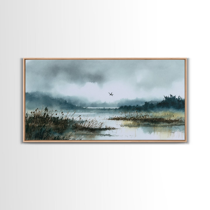 Dragonfly over a Pond with Reeds Framed Canvas Print, Nature Art, Fine Art Print, Living Room Decor, Watercolor Art, Nature, NAT-2x1-14