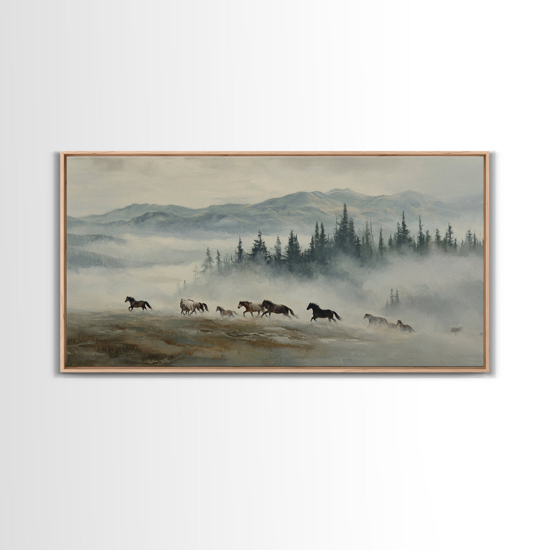 Wild Horses Running Near Mountain Ridge Framed Canvas Print, Nature Art, Statement Artwork, Living Room Decor, Fine Art, Nature, NAT-2x1-18