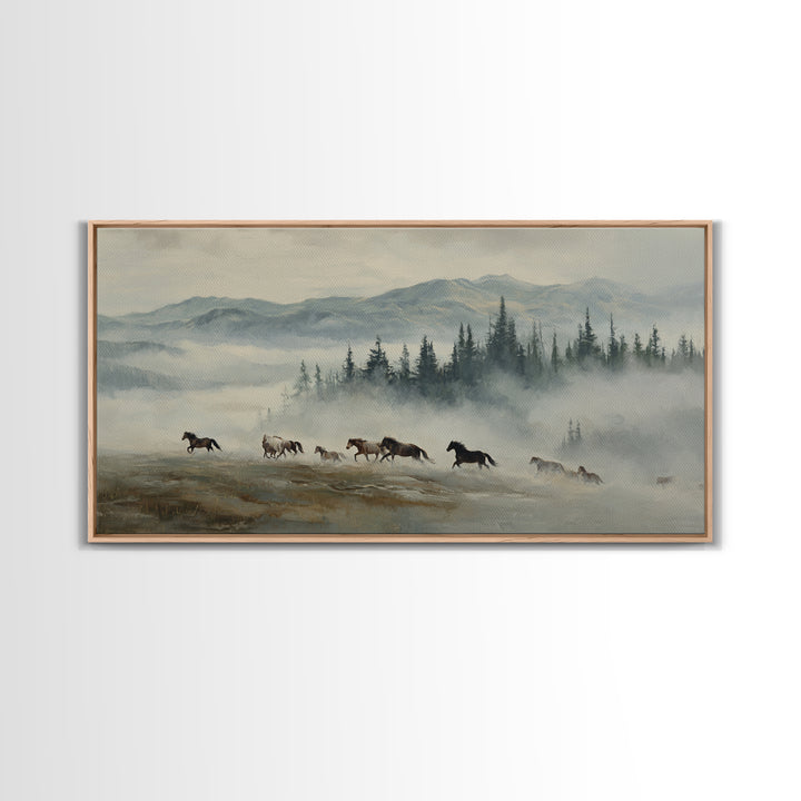 Wild Horses Running Near Mountain Ridge Framed Canvas Print, Nature Art, Statement Artwork, Living Room Decor, Fine Art, Nature, NAT-2x1-18