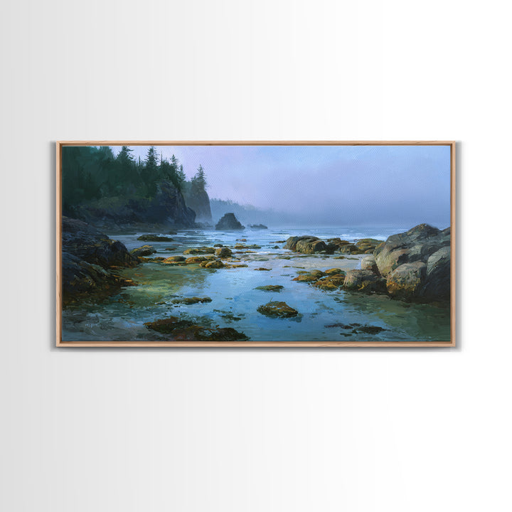 Calm Beach Tide Pooling Around Rocks Framed Canvas Print, Nature Art, Statement Artwork, Living Room Decor, Fine Art, Nature, NAT-2x1-20