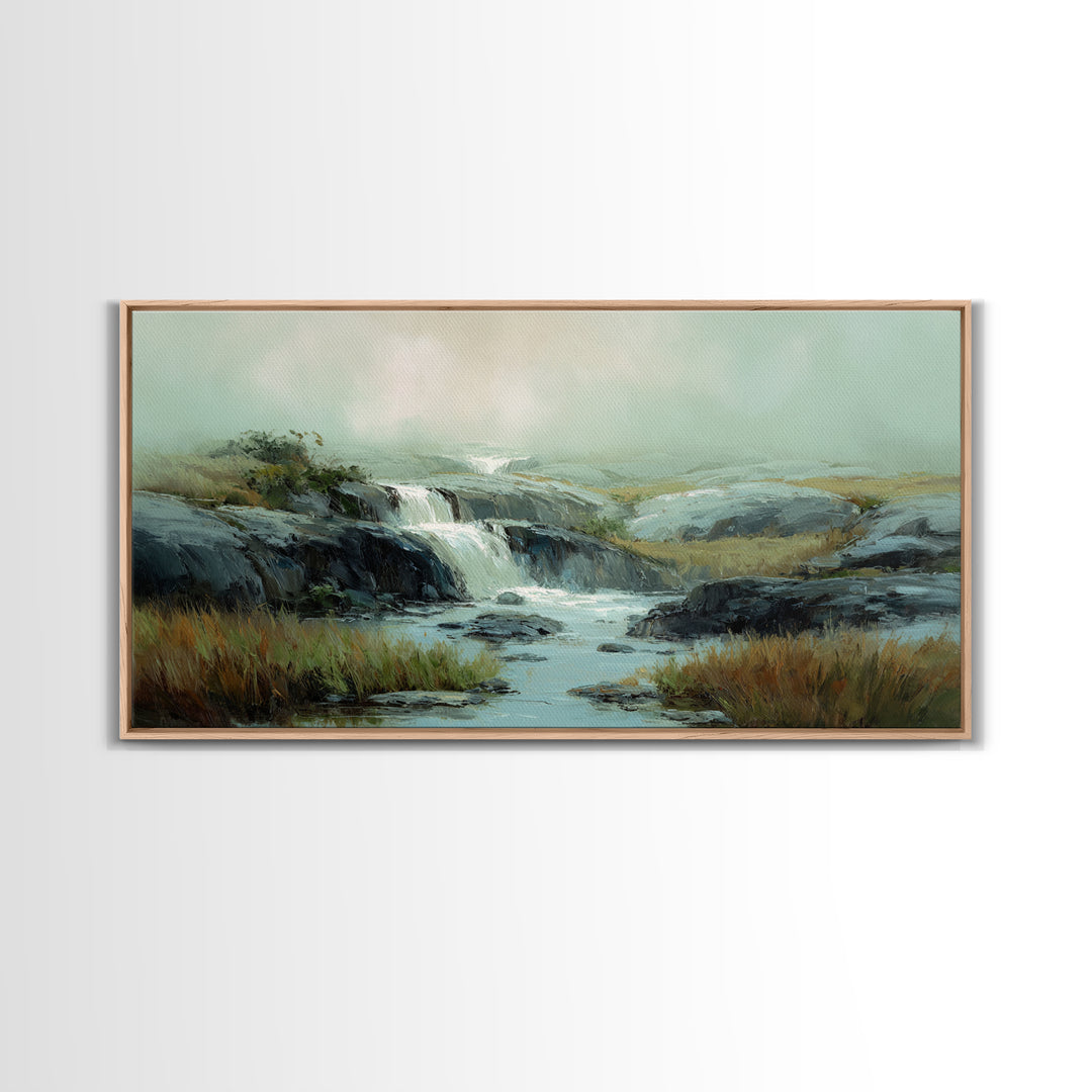 Waterfall Hidden Among Dark Green Rocks Framed Canvas Print, Nature Art, Mushroom, Living Room Decor, Watercolor Art, Nature, NAT-2x1-23