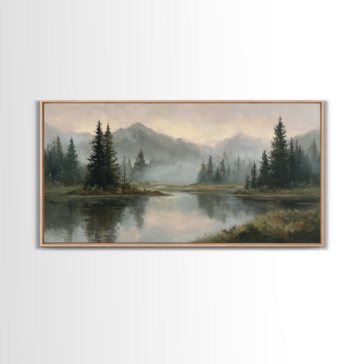 Misty Mountain Lake Framed Canvas Print, Nature Art, Home Decor, Living Room Decor, Oil Painting, Nature, Abstract Wall Art, NAT-2x1-25