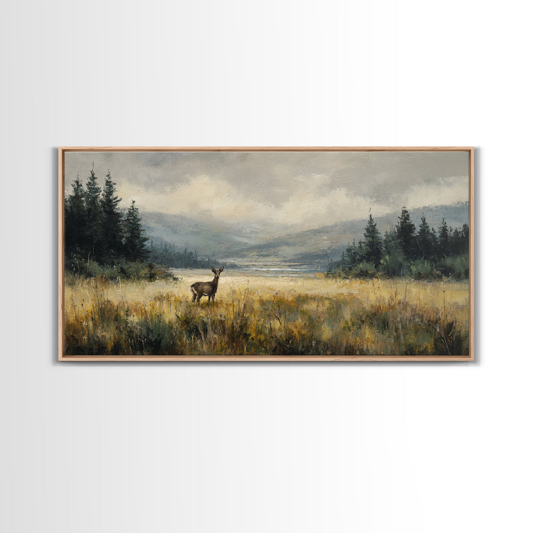Deer Standing in a Golden Field Framed Canvas Print, Nature Art, Minimalist Decor, Living Room Decor, Fine Art, Nature, NAT-2x1-28