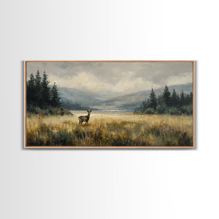 Deer Standing in a Golden Field Framed Canvas Print, Nature Art, Minimalist Decor, Living Room Decor, Fine Art, Nature, NAT-2x1-28