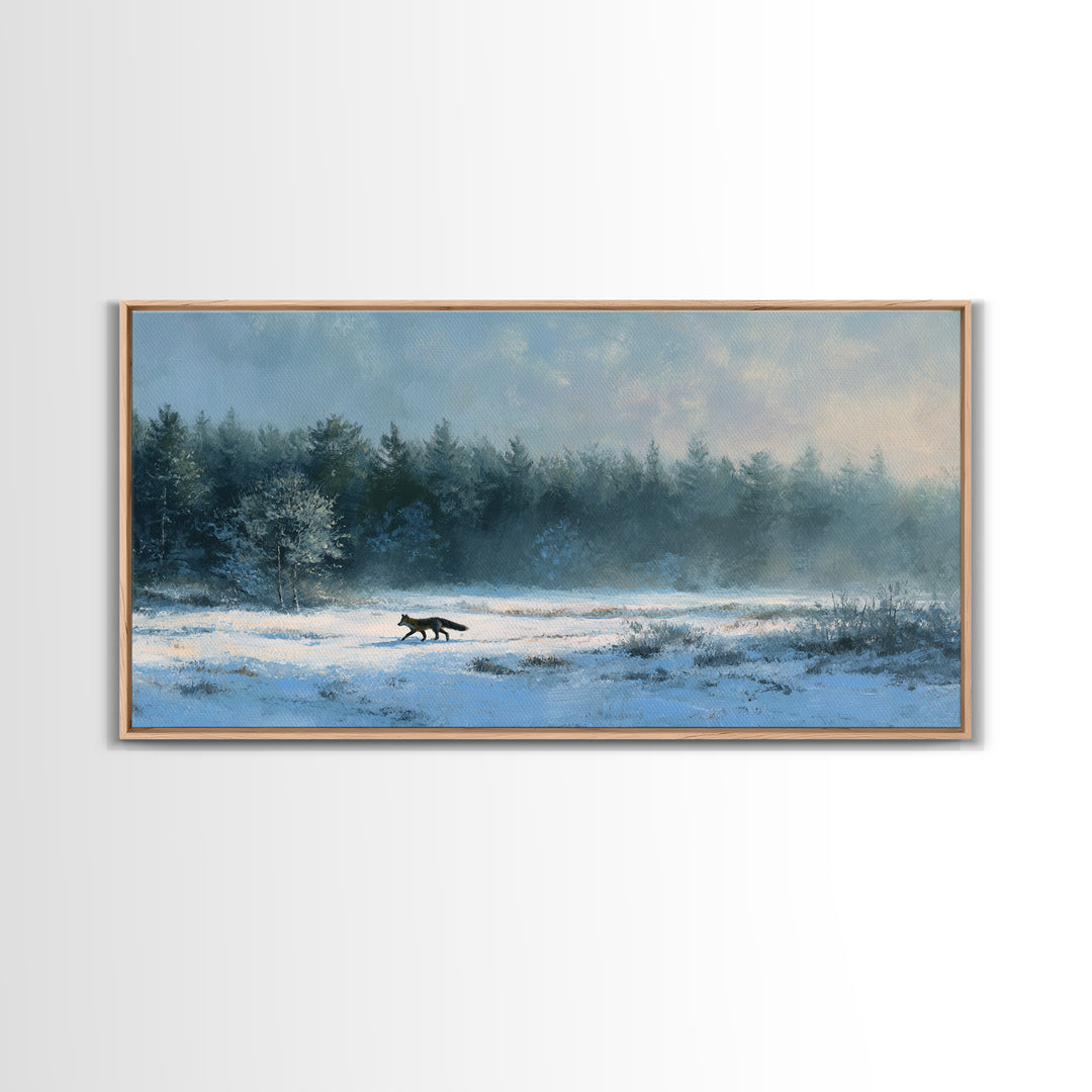 Fox Crossing a Snowy Forest Clearing Framed Canvas Print, Nature Art, Luxury Decor, Living Room Decor, Oil Painting, Nature, NAT-2x1-30