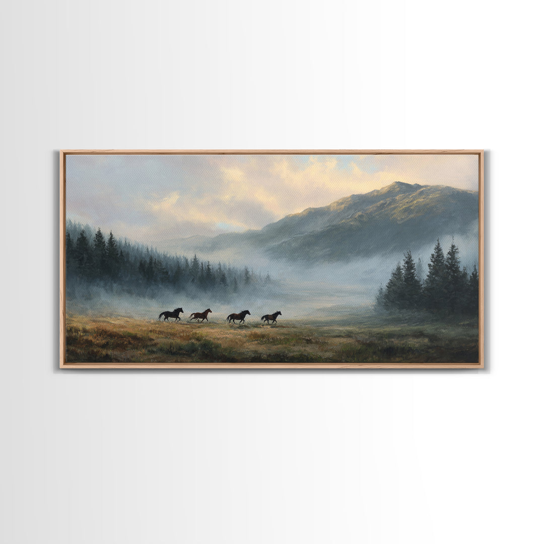 Wild Horses Running Near Mountain Ridge Framed Canvas Print, Nature Art, Statement Artwork, Living Room Decor, Fine Art, Nature, NAT-2x1-42