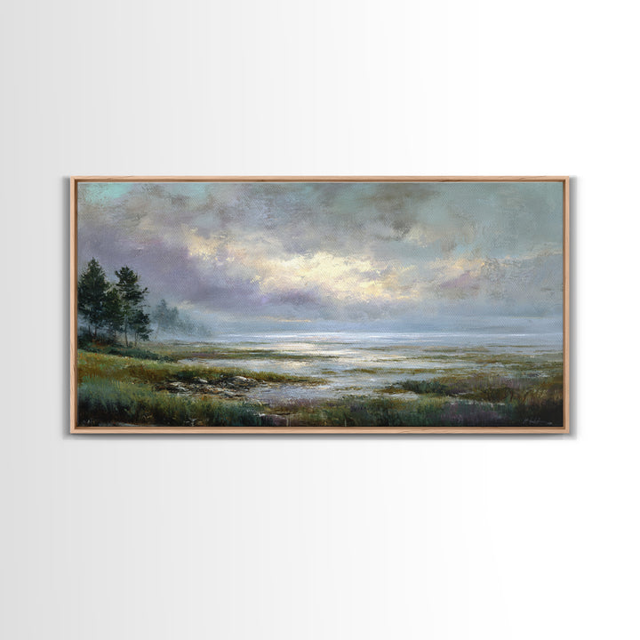 Bees Circling Lavender Blossoms Framed Canvas Print, Nature Art, Painting, Living Room Decor, Fine Art, Nature, Modern Wall Art, NAT-2x1-43