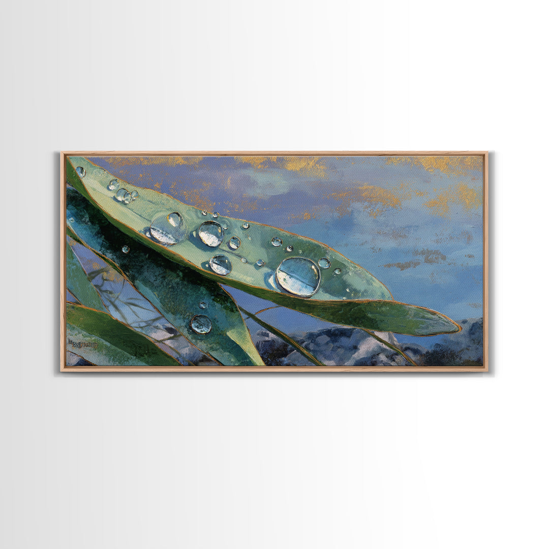 Rain Drops on a Large Green Leaf Framed Canvas Print, Nature Art, Living Room Decor, Watercolor Art, Nature, Abstract Wall Art, NAT-2x1-5