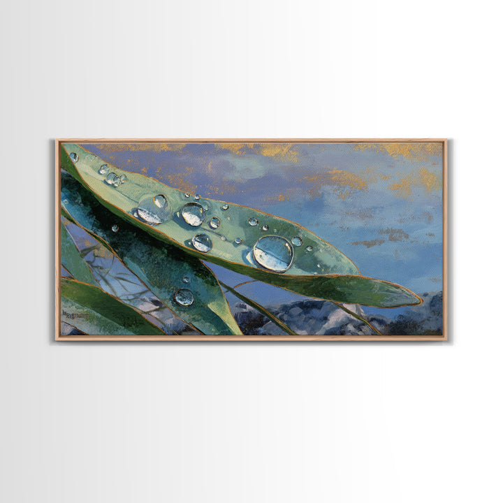 Rain Drops on a Large Green Leaf Framed Canvas Print, Nature Art, Living Room Decor, Watercolor Art, Nature, Abstract Wall Art, NAT-2x1-5
