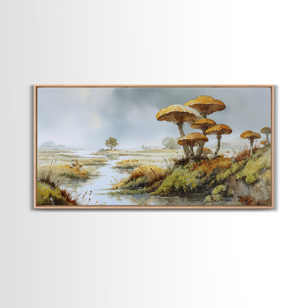 Mushroom Cluster in Enchanted Woodland Framed Canvas Print, Nature Art, Wood Wall Art, Living Room Decor, Watercolor Art, NAT-2x1-51