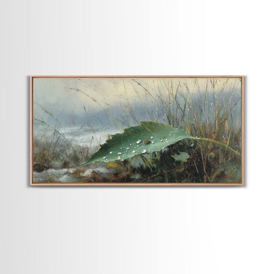 Rain Drops on a Large Green Leaf Canvas Print, Nature Art, Wall Hangings, Living Room Decor, Watercolor Art, Nature, NAT-2x1-53