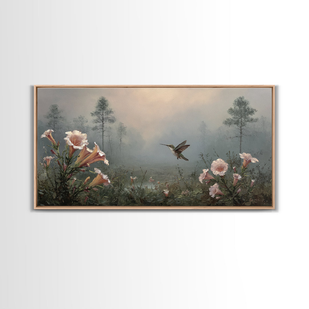 Hummingbird Beside Bright Trumpet Flowers Framed Canvas Print, Nature Art, Painting, Living Room Decor, Fine Art, Nature, NAT-2x1-56
