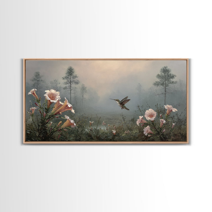 Hummingbird Beside Bright Trumpet Flowers Framed Canvas Print, Nature Art, Painting, Living Room Decor, Fine Art, Nature, NAT-2x1-56