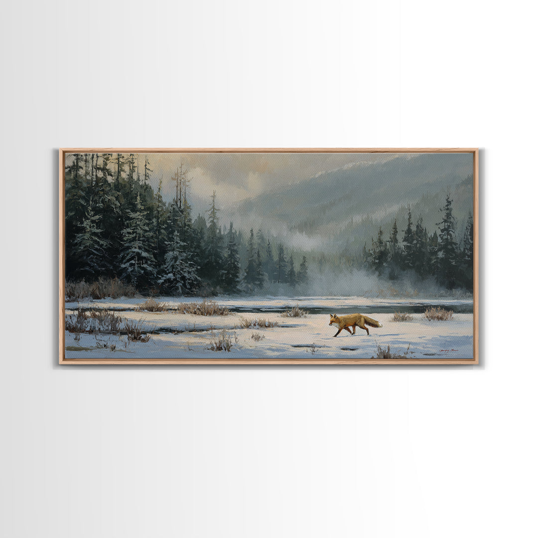 Fox Crossing a Snowy Forest Clearing Framed Canvas Print, Nature Art, Luxury Decor, Living Room Decor, Oil Painting, Nature, NAT-2x1-6