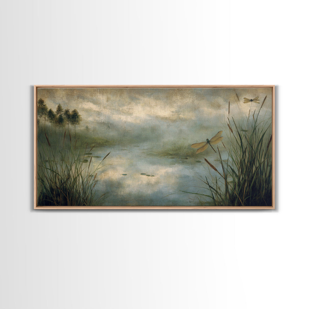 Dragonfly over a Pond with Reeds Canvas Print, Nature Art, Room Decor, Living Room Decor, Oil Painting, Nature, Wall Hangings, NAT-2x1-62