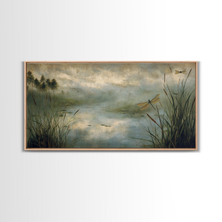 Dragonfly over a Pond with Reeds Canvas Print, Nature Art, Room Decor, Living Room Decor, Oil Painting, Nature, Wall Hangings, NAT-2x1-62