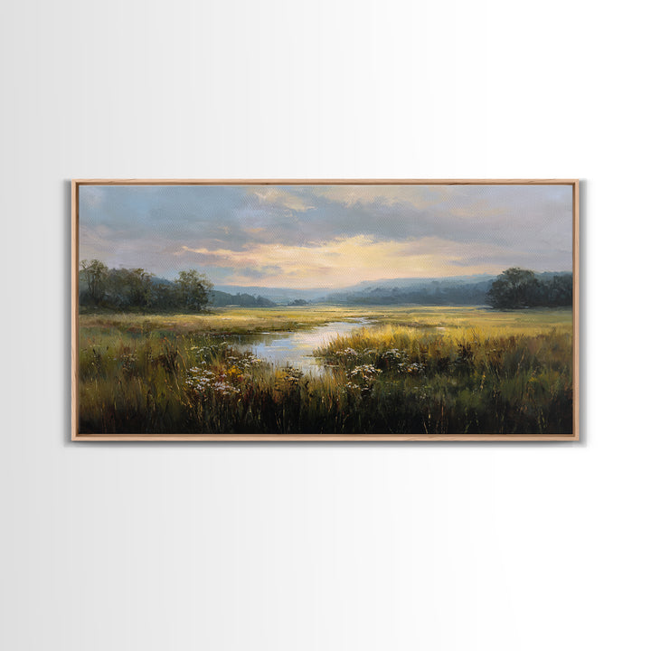 Sunrise Through Tall Grass and Wildflowers Framed Canvas Print, Nature Art, Poster, Living Room Decor, Watercolor Art, Nature, NAT-2x1-7