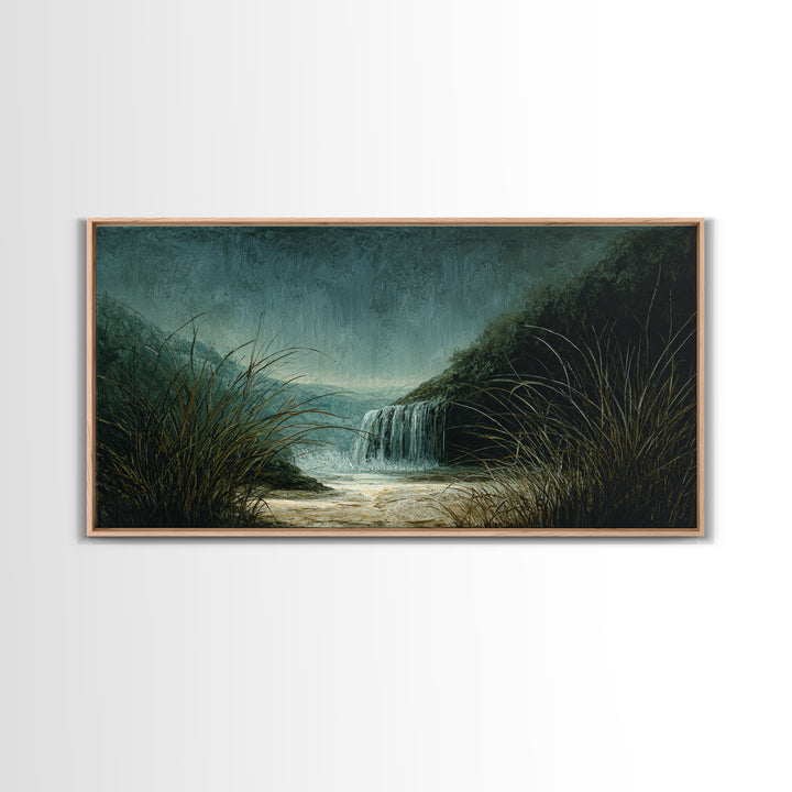 Waterfall Hidden Among Dark Green Rocks Canvas Print, Nature Art, Landscape Art, Living Room Decor, Abstract Art, Nature, NAT-2x1-71
