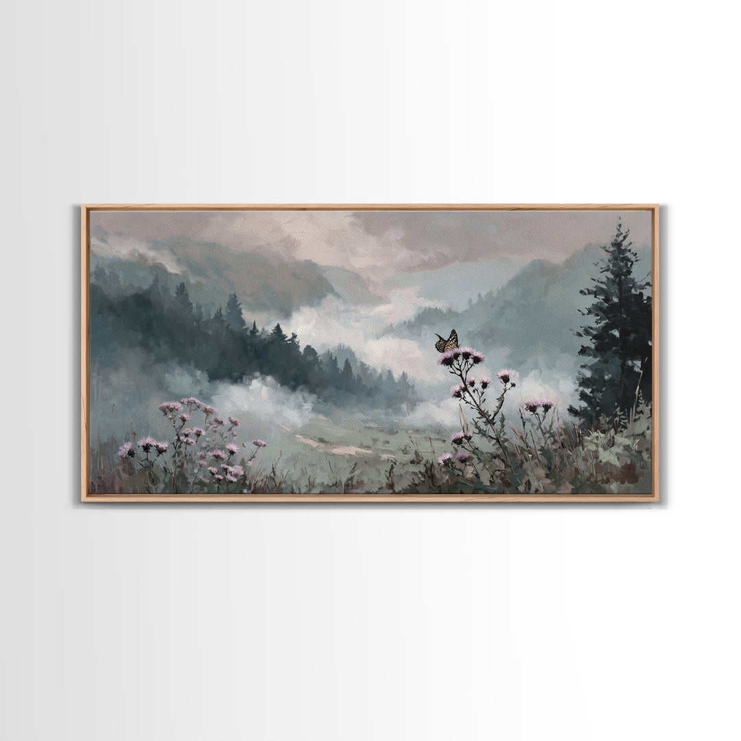 Butterfly Resting on a Blooming Thistle Framed Canvas Print, Nature Art, Original Painting, Living Room Decor, Fine Art, Nature, NAT-2x1-72
