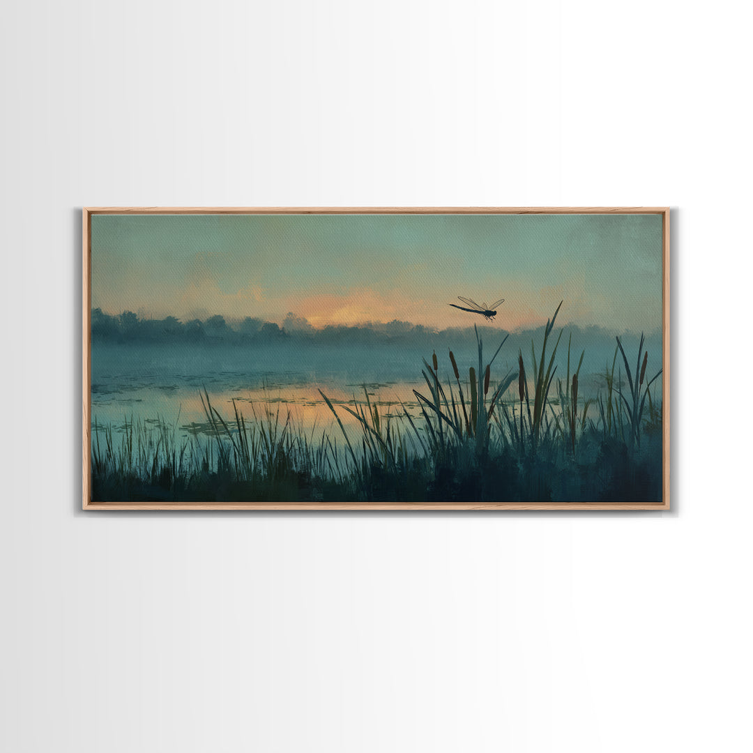 Dragonfly over a Pond with Reeds Framed Canvas Print, Nature Art, Home Decor, Living Room Decor, Nature, Abstract Wall Art, NAT-2x1-86