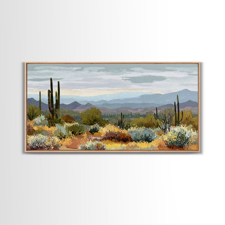 Desert Cactus Blooming After Rain Framed Canvas Print, Nature Art, Wood Wall Art, Living Room Decor, Fine Art, Nature, NAT-2x1-88