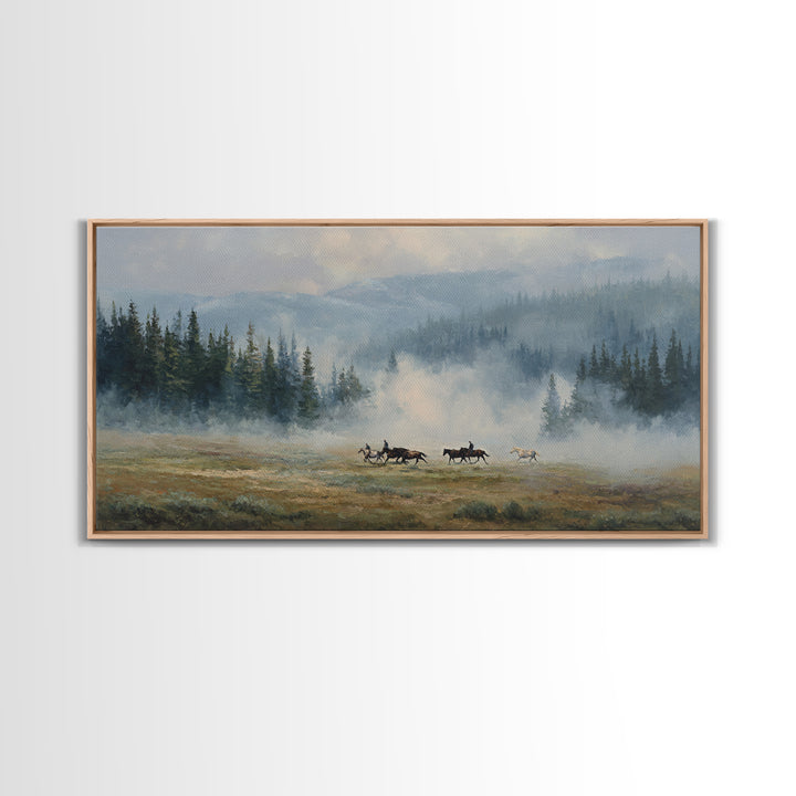 Wild Horses Running Near Mountain Ridge Framed Canvas Print, Nature Art, Poster, Living Room Decor, Fine Art, Nature, NAT-2x1-90